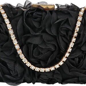 Womens 3D Rose Floral Clutch with Rhinestone Chain, Evening Handbag Purse Should